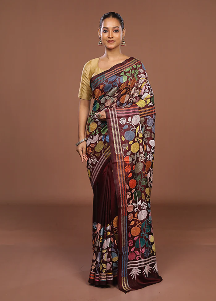 Maroon Handloom Kantha Stitch Pure Silk Saree With Blouse Piece - Image 2