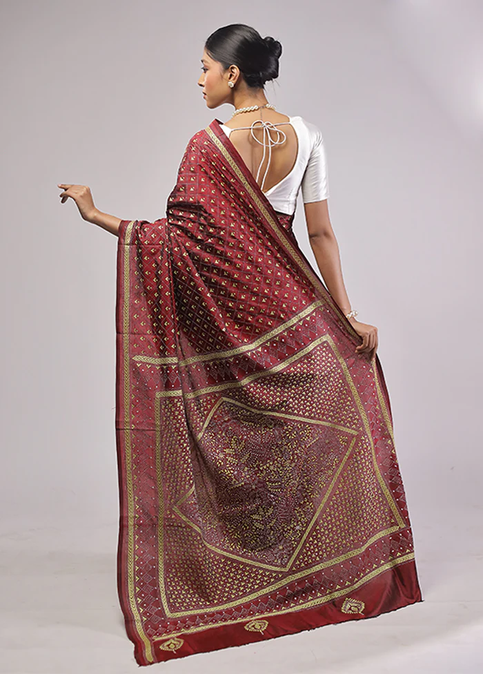 Maroon Handloom Kantha Stitch Pure Silk Saree With Blouse Piece - Image 3