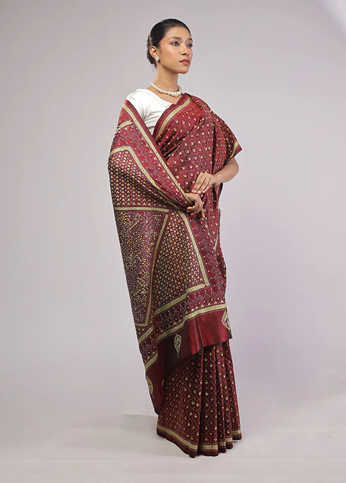 Maroon Handloom Kantha Stitch Pure Silk Saree With Blouse Piece - Image 4