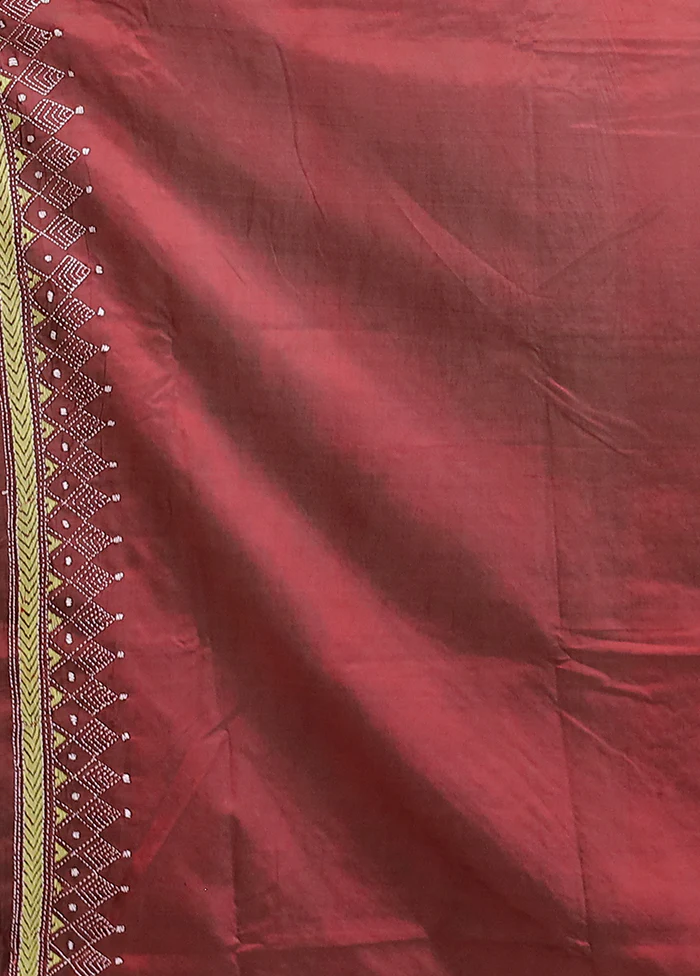 Maroon Handloom Kantha Stitch Pure Silk Saree With Blouse Piece - Image 5