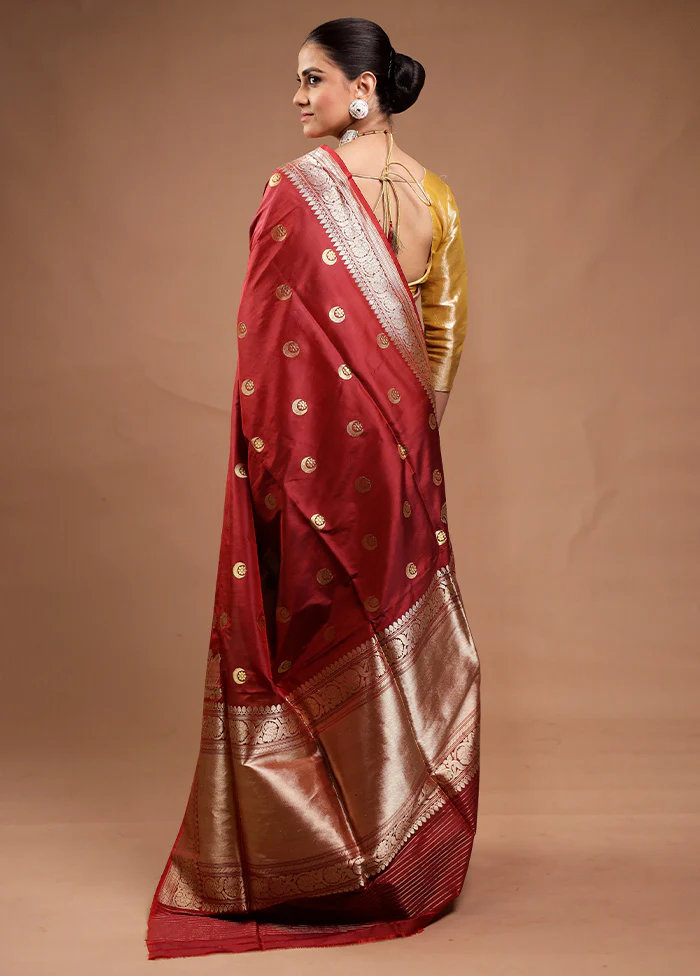 Maroon Handloom Katan Pure Silk Saree With Blouse Piece - Image 3