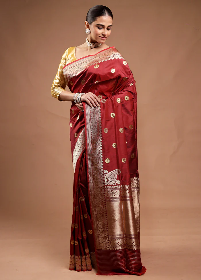 Maroon Handloom Katan Pure Silk Saree With Blouse Piece - Image 4