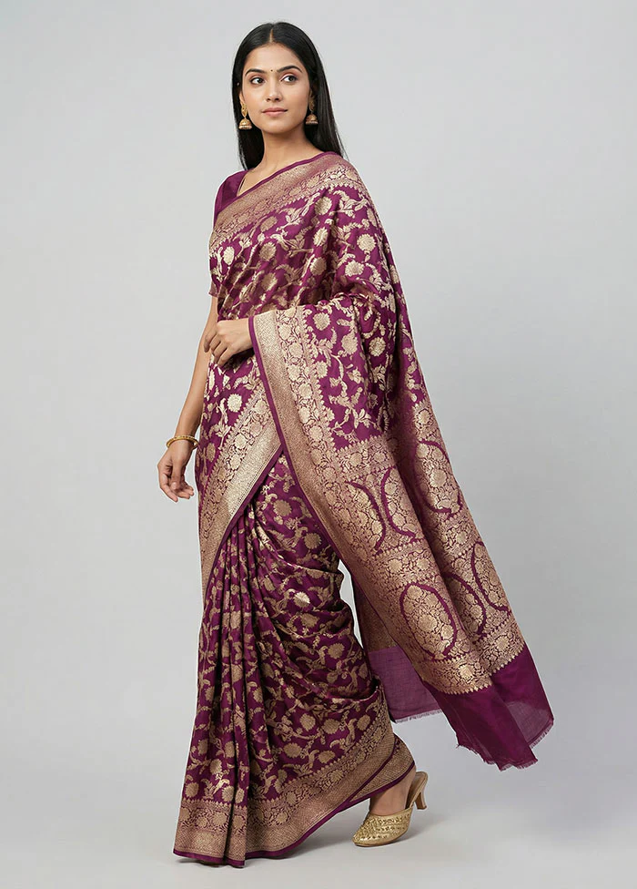 Maroon Handloom Katan Pure Silk Saree With Blouse Piece