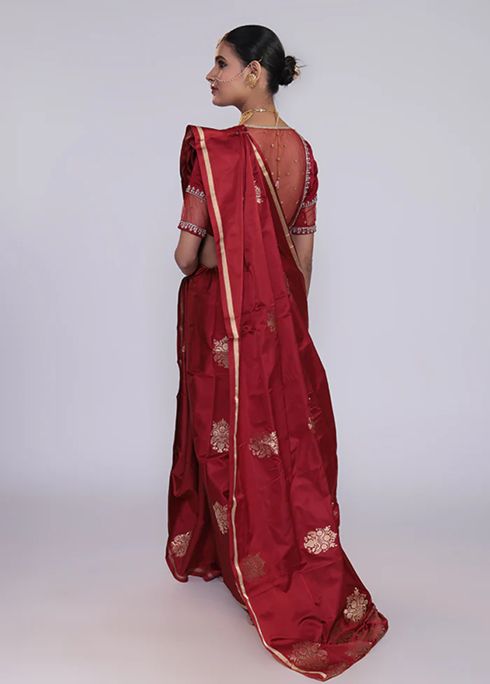 Maroon Handloom Katan Pure Silk Saree With Blouse Piece - Image 3