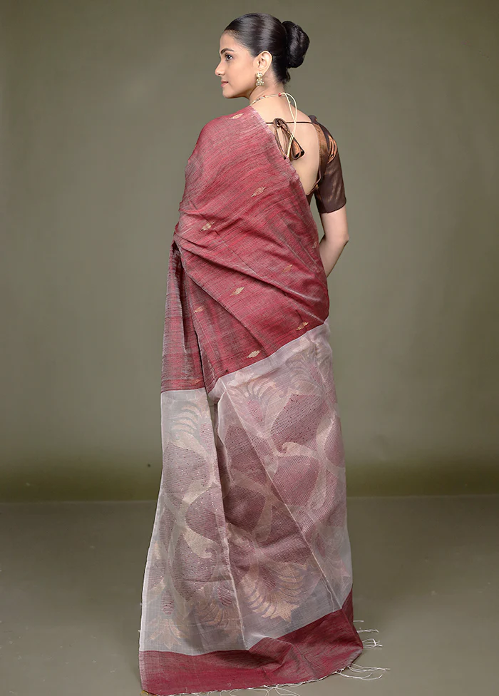 Maroon Handloom Matka Pure Silk Saree With Blouse Piece - Image 3