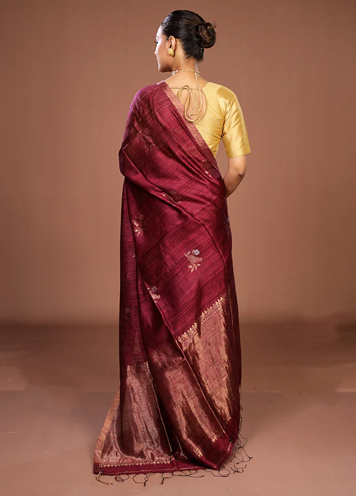 Maroon Handloom Matka Pure Silk Saree With Blouse Piece - Image 3