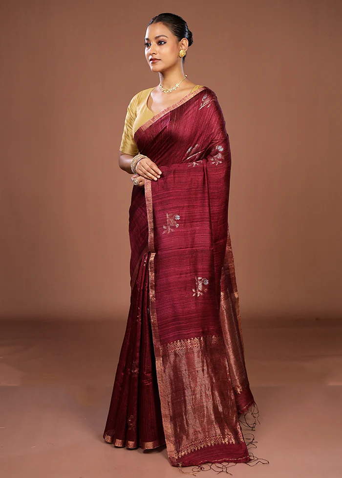 Maroon Handloom Matka Pure Silk Saree With Blouse Piece - Image 4
