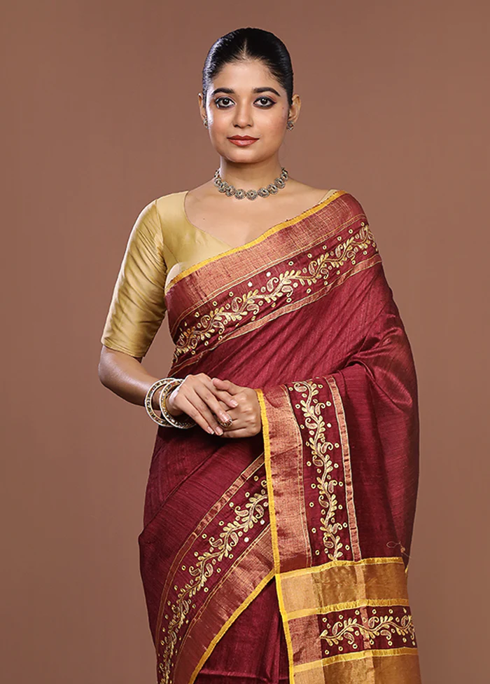 Maroon Handloom Matka Pure Silk Saree With Blouse Piece