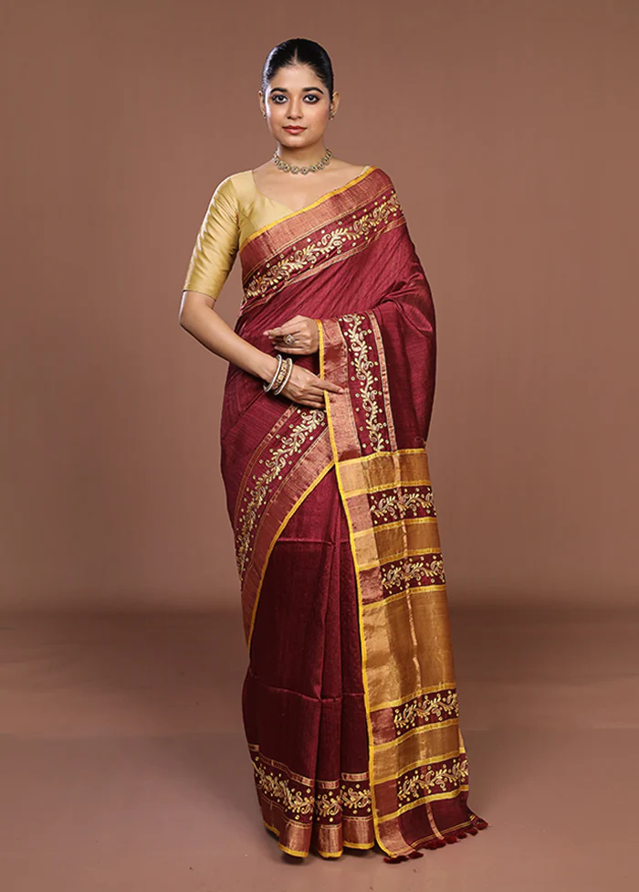 Maroon Handloom Matka Pure Silk Saree With Blouse Piece - Image 2