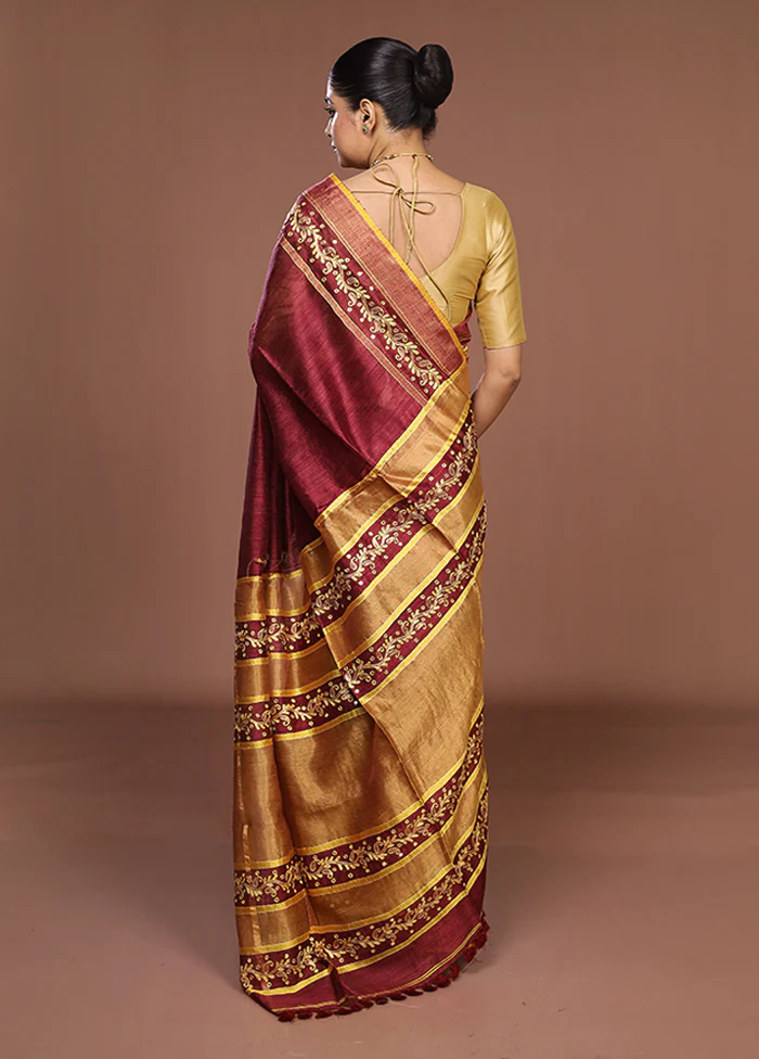 Maroon Handloom Matka Pure Silk Saree With Blouse Piece - Image 3