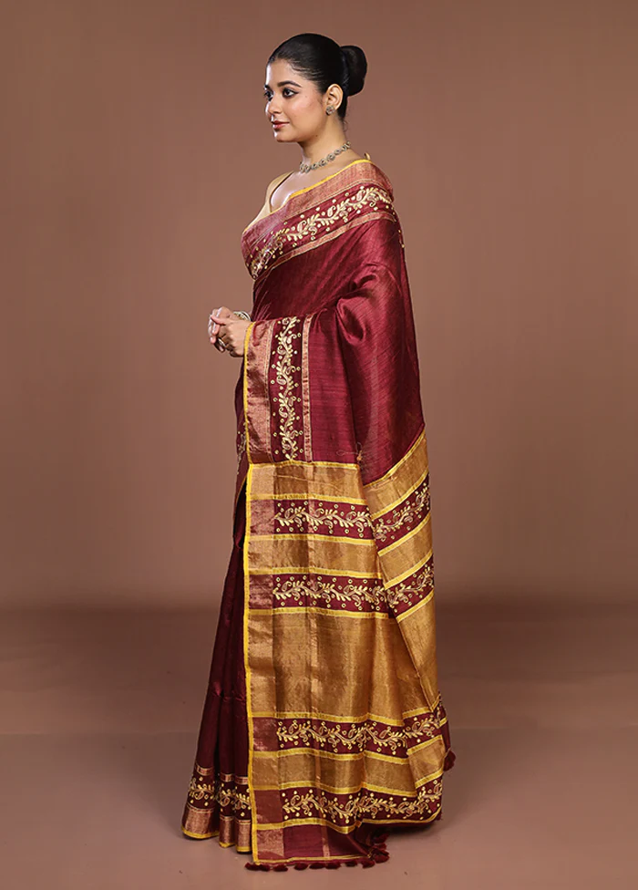 Maroon Handloom Matka Pure Silk Saree With Blouse Piece - Image 4