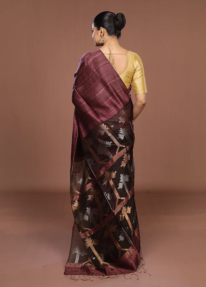 Maroon Handloom Matka Pure Silk Saree With Blouse Piece - Image 3