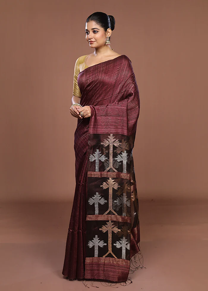 Maroon Handloom Matka Pure Silk Saree With Blouse Piece - Image 4