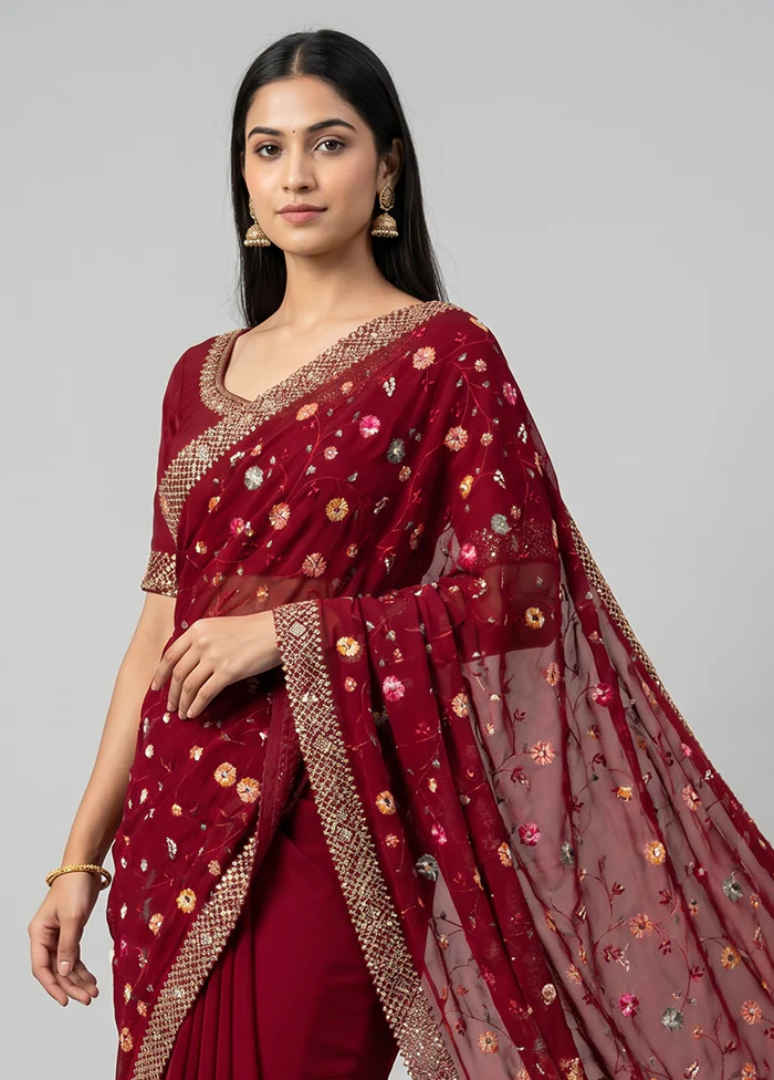 Maroon Handloom Pure Georgette Saree With Blouse Piece - Image 2
