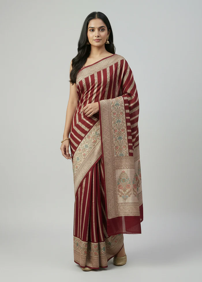 Maroon Handloom Pure Georgette Saree With Blouse Piece