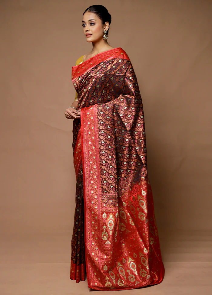 Maroon Handloom Tanchoi Pure Silk Saree With Blouse Piece - Image 4