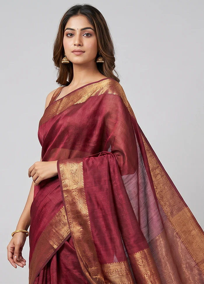 Maroon Handloom Tussar Pure Silk Saree With Blouse Piece - Image 2