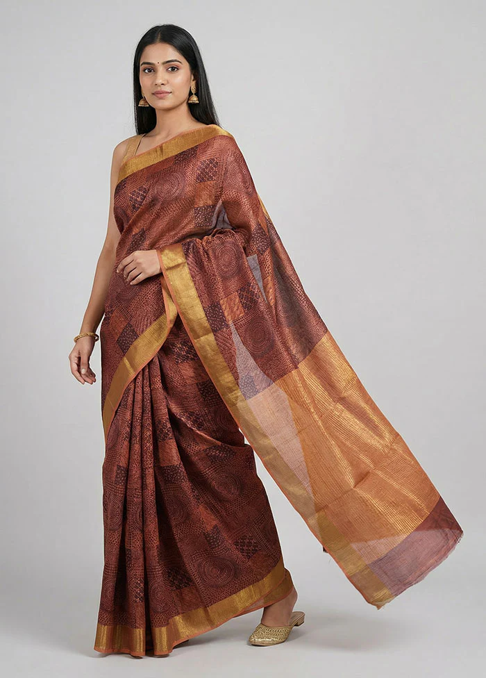Maroon Handloom Tussar Pure Silk Saree With Blouse Piece
