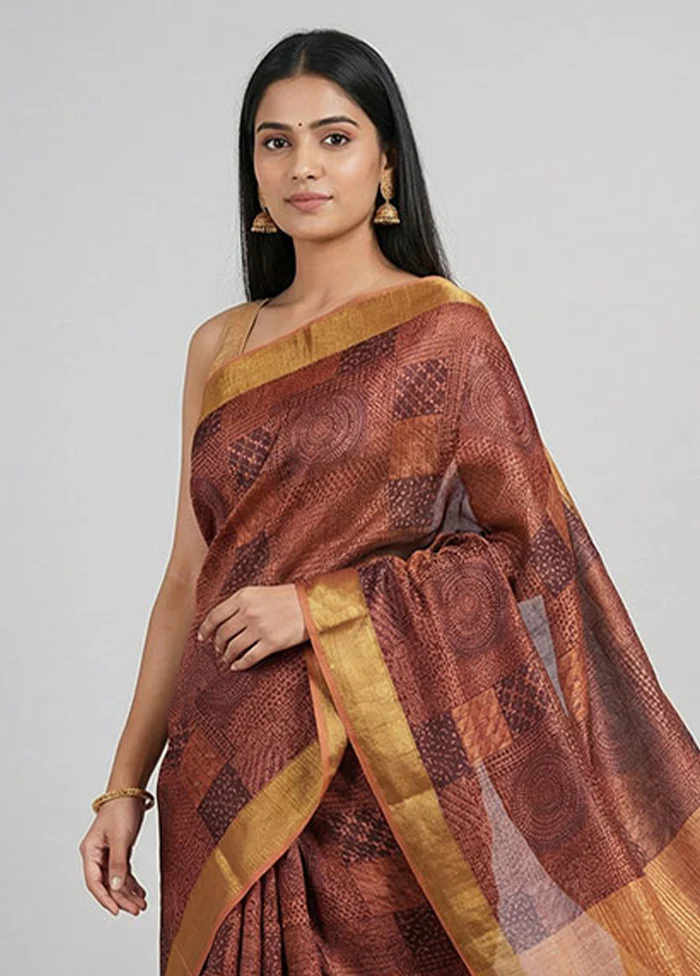 Maroon Handloom Tussar Pure Silk Saree With Blouse Piece - Image 2