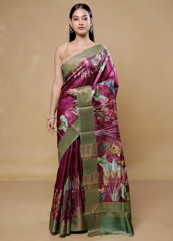 Maroon Handloom Tussar Pure Silk Saree With Blouse Piece - Image 2