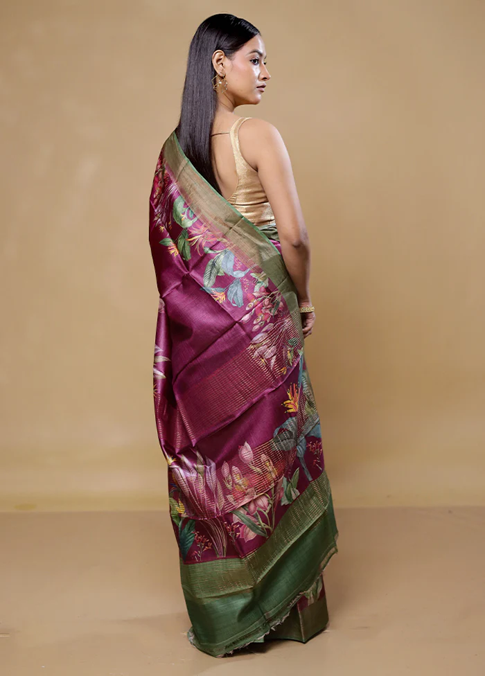 Maroon Handloom Tussar Pure Silk Saree With Blouse Piece - Image 3