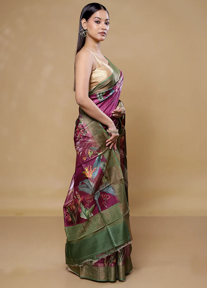 Maroon Handloom Tussar Pure Silk Saree With Blouse Piece - Image 4