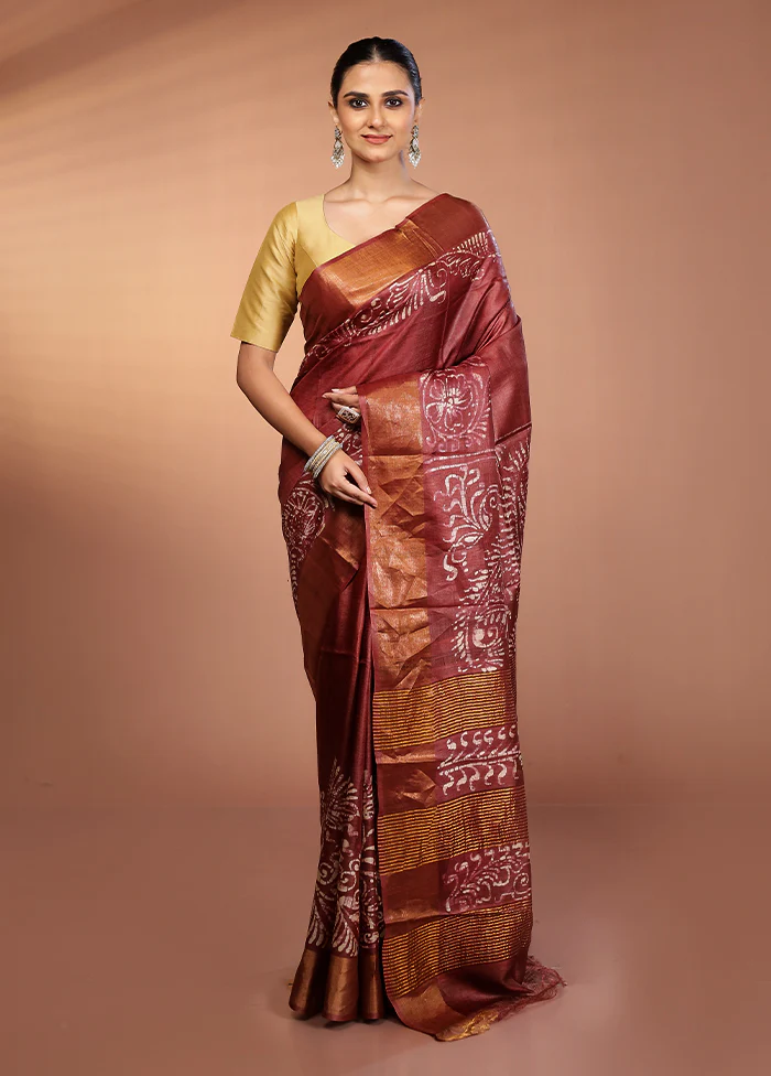 Maroon Handloom Tussar Pure Silk Saree With Blouse Piece - Image 2