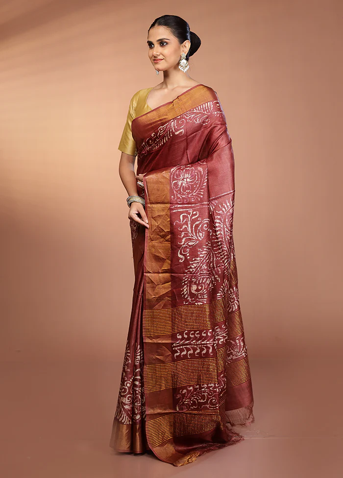 Maroon Handloom Tussar Pure Silk Saree With Blouse Piece - Image 4