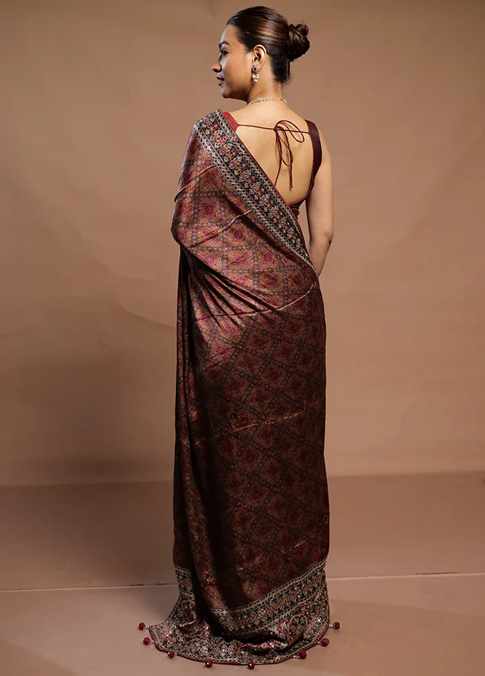 Maroon Handloom Tussar Pure Silk Saree With Blouse Piece - Image 3