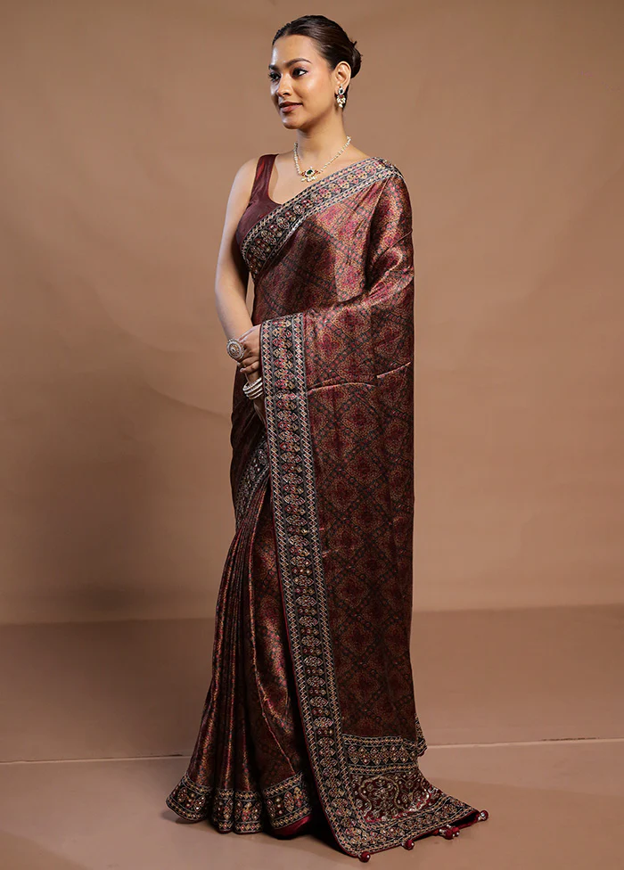 Maroon Handloom Tussar Pure Silk Saree With Blouse Piece - Image 4