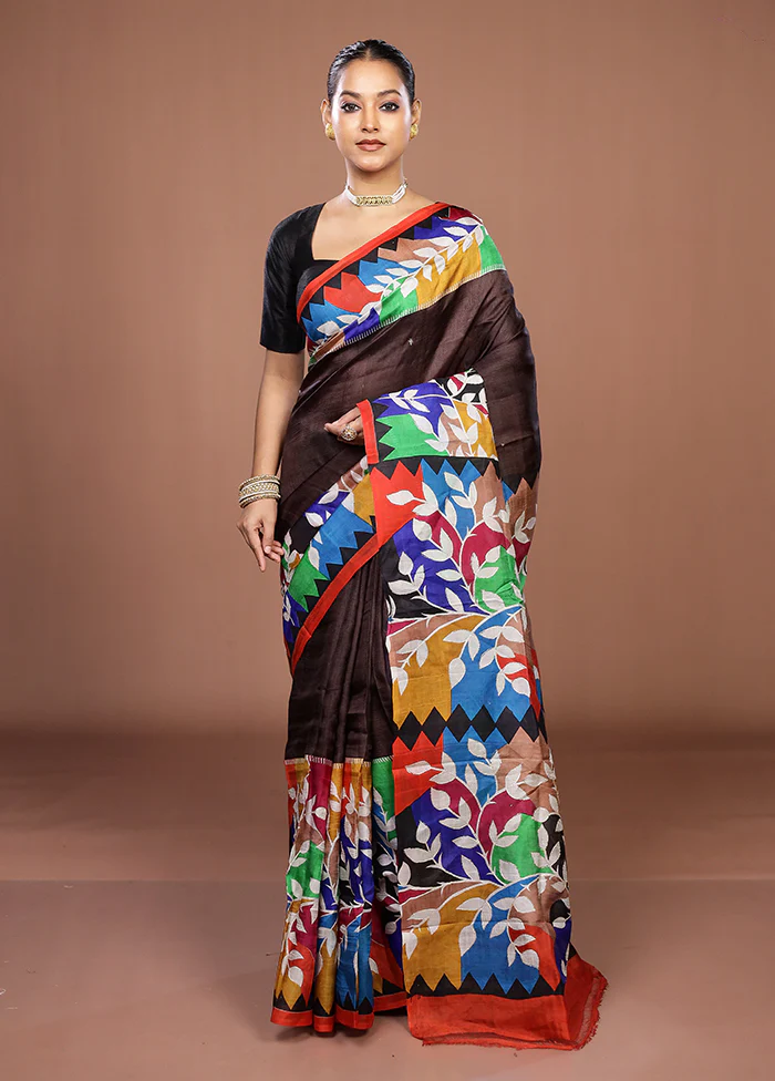 Maroon Handloom Tussar Pure Silk Saree With Blouse Piece - Image 2
