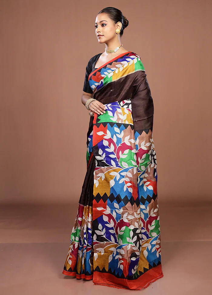 Maroon Handloom Tussar Pure Silk Saree With Blouse Piece - Image 4