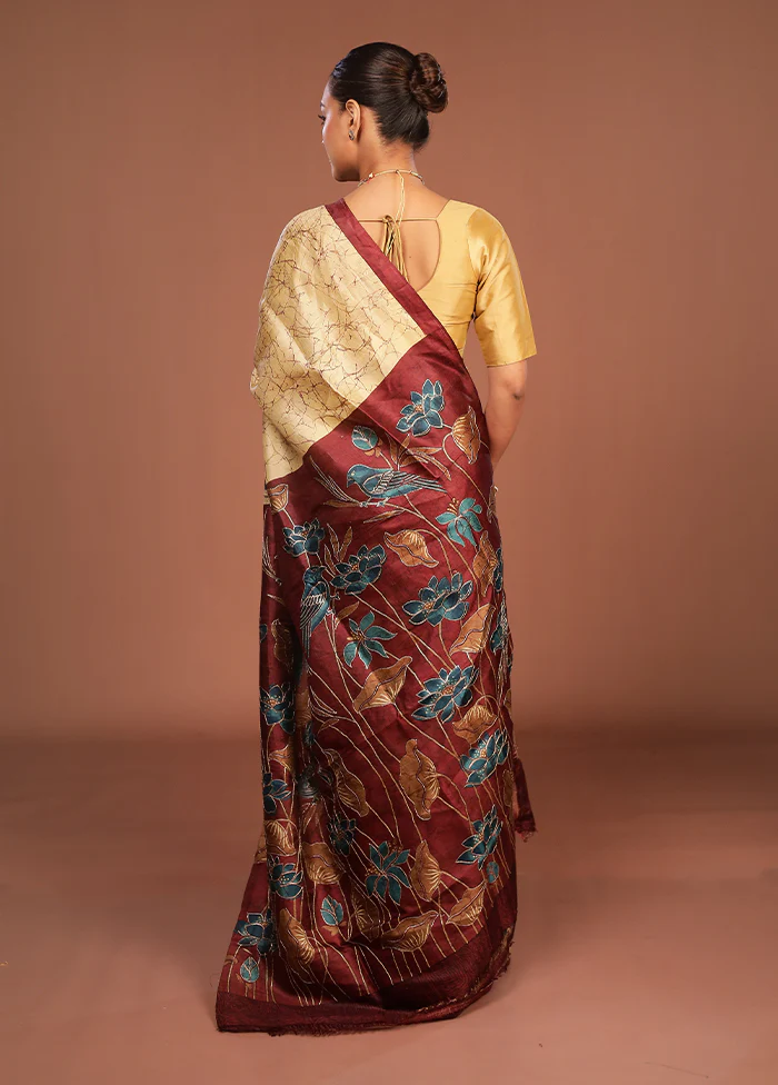 Maroon Handloom Tussar Pure Silk Saree With Blouse Piece - Image 3