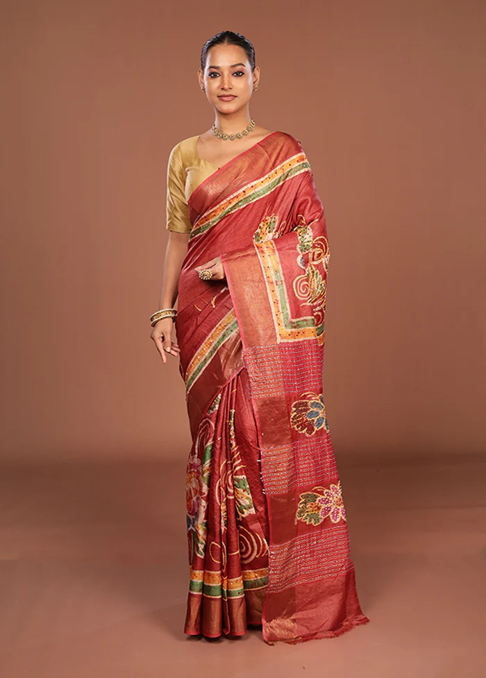 Maroon Handloom Tussar Pure Silk Saree With Blouse Piece - Image 2