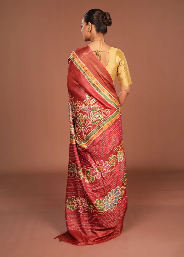 Maroon Handloom Tussar Pure Silk Saree With Blouse Piece - Image 3