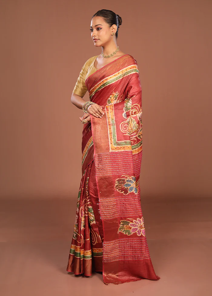 Maroon Handloom Tussar Pure Silk Saree With Blouse Piece - Image 4