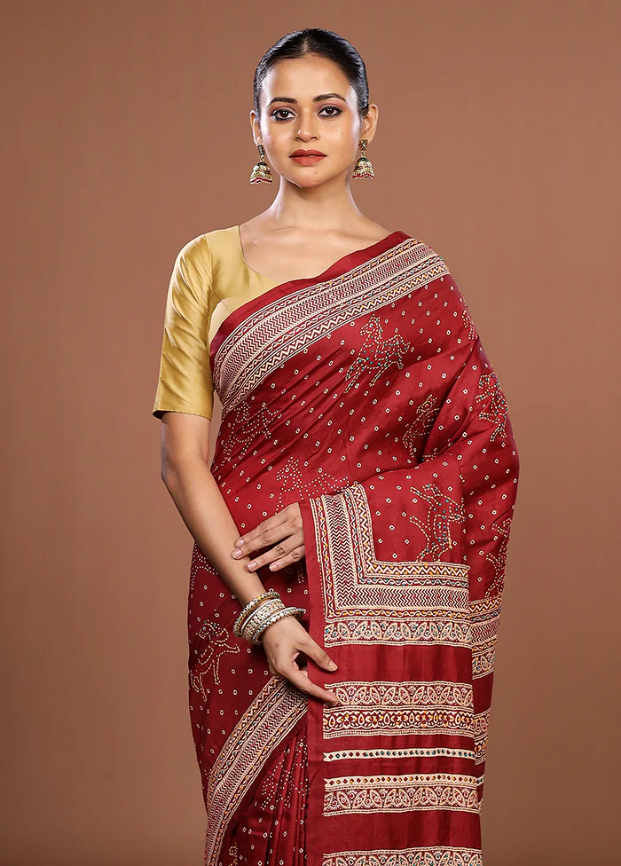 Maroon Handloom Tussar Pure Silk Saree With Blouse Piece