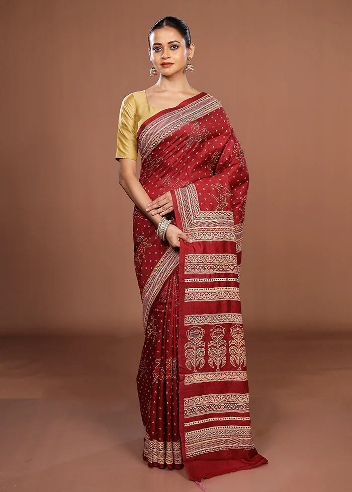 Maroon Handloom Tussar Pure Silk Saree With Blouse Piece - Image 2