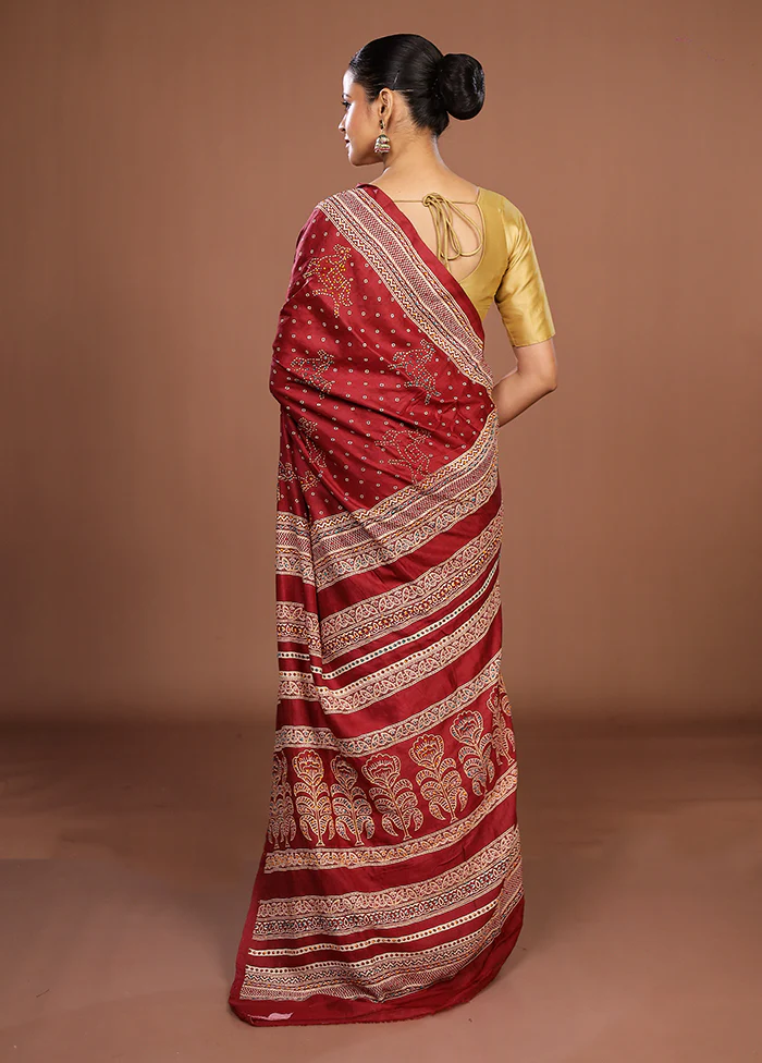 Maroon Handloom Tussar Pure Silk Saree With Blouse Piece - Image 3