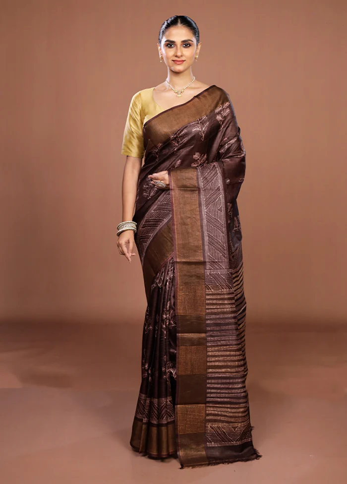 Maroon Handloom Tussar Pure Silk Saree With Blouse Piece - Image 2