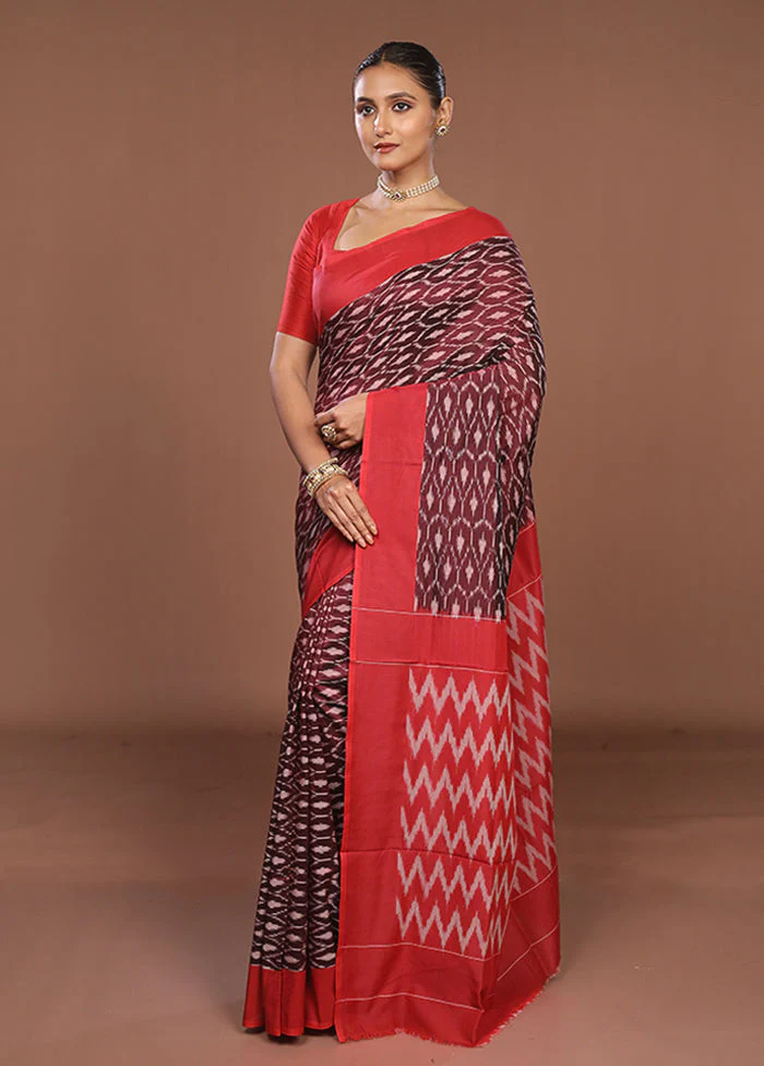 Maroon Ikkat Cotton Saree Without Blouse Piece - Image 4