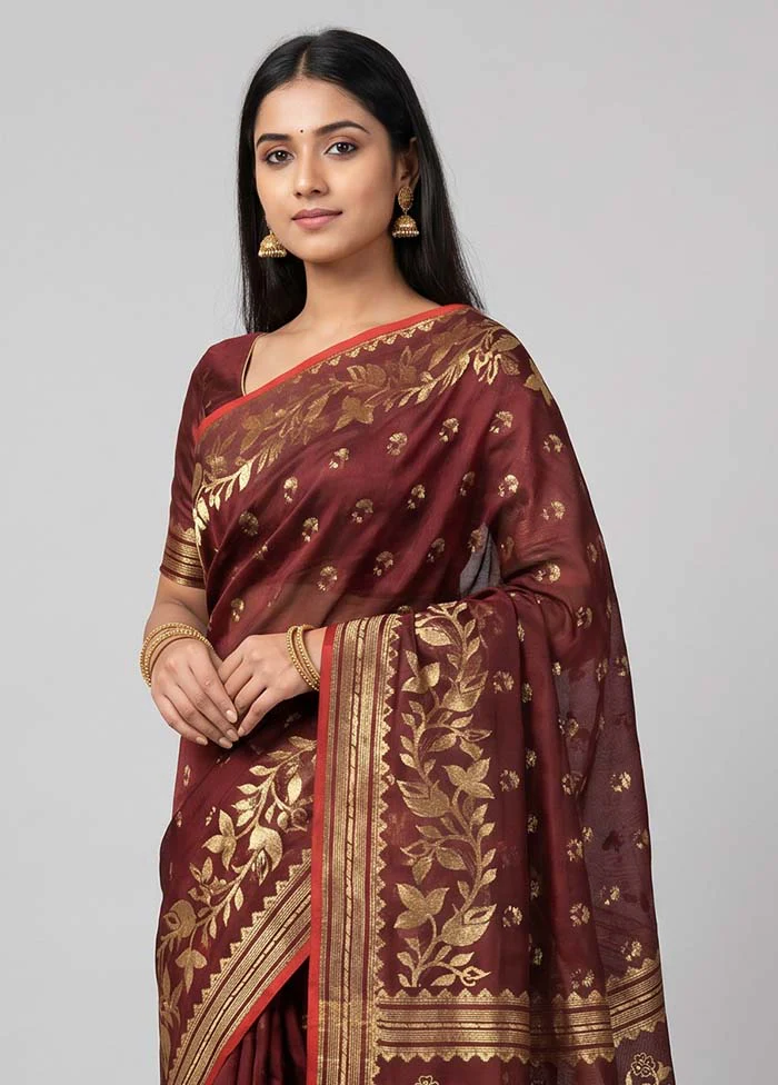Maroon Jamdani Cotton Saree Without Blouse Piece - Image 2