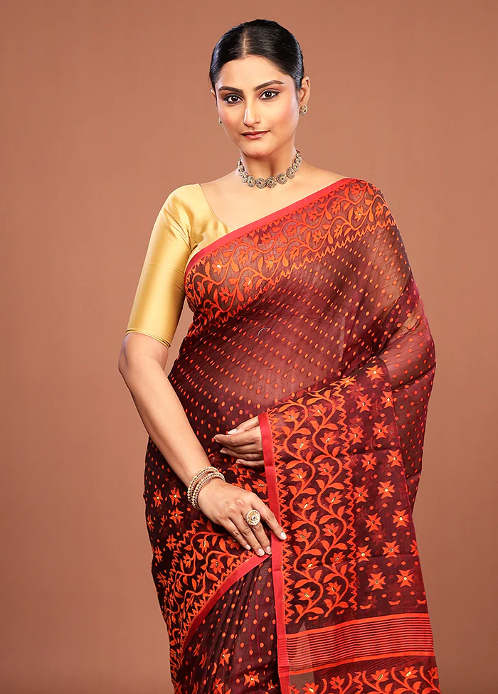 Maroon Jamdani Cotton Saree Without Blouse Piece