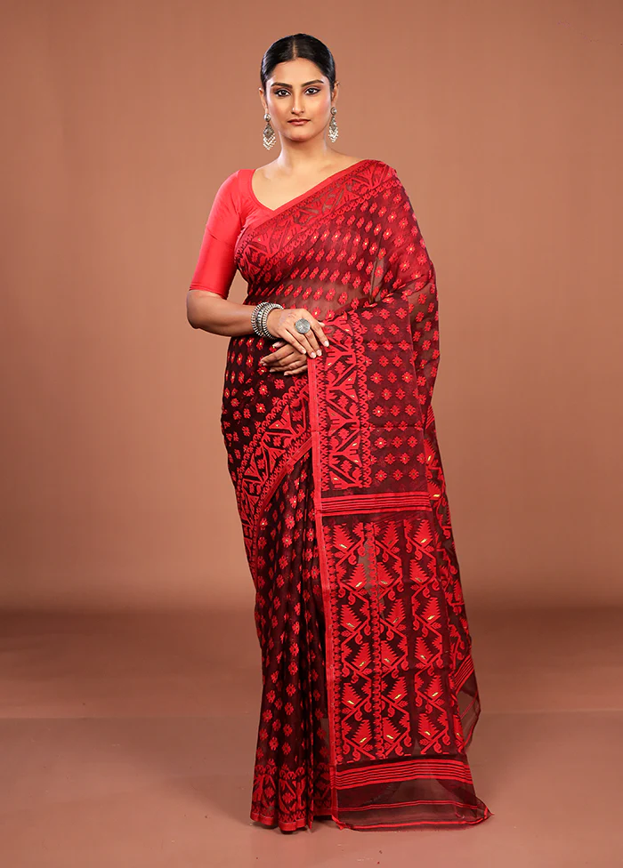 Maroon Jamdani Cotton Saree Without Blouse Piece - Image 2