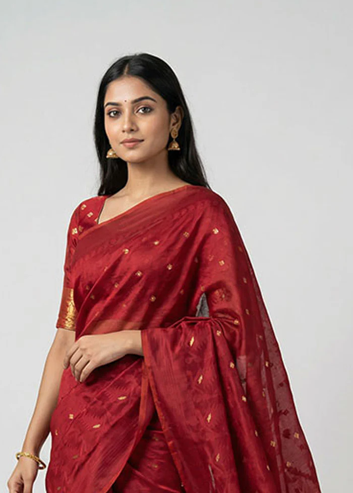 Maroon Jamdani Cotton Saree Without Blouse Piece - Image 2
