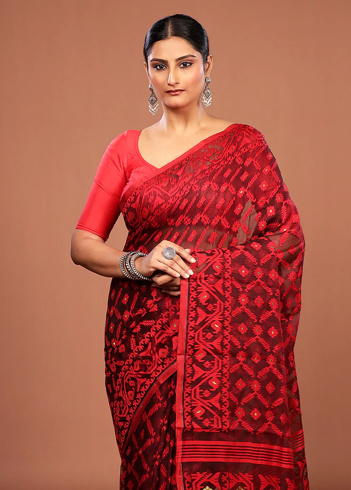 Maroon Jamdani Cotton Saree Without Blouse Piece