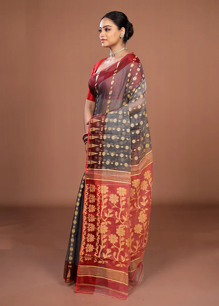 Maroon Jamdani Cotton Saree Without Blouse Piece - Image 4