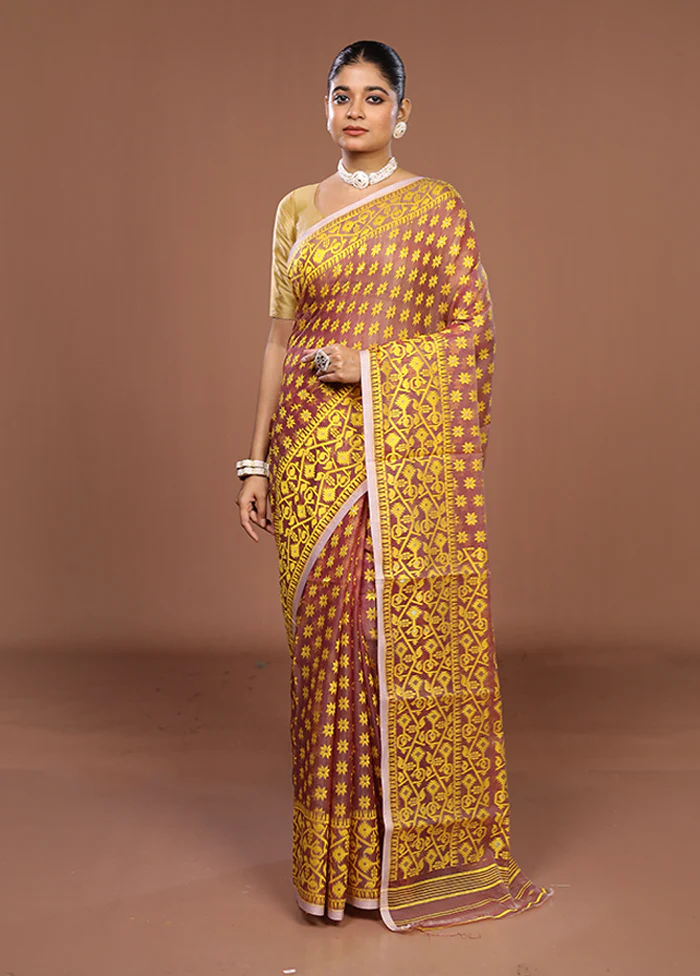 Maroon Jamdani Cotton Saree Without Blouse Piece - Image 2