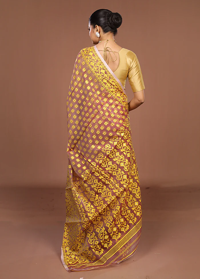 Maroon Jamdani Cotton Saree Without Blouse Piece - Image 3