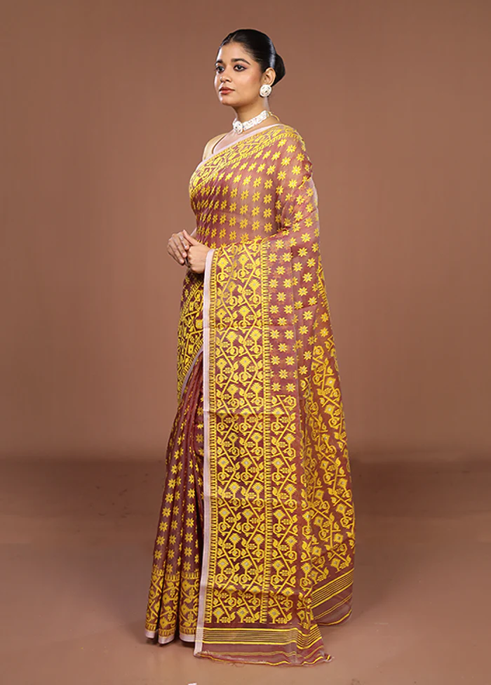 Maroon Jamdani Cotton Saree Without Blouse Piece - Image 4